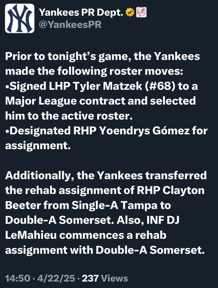 Yankees Roster Moves 04/22/25